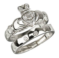 18k White Gold Diamond Claddagh Set